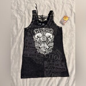 Affliction 2015- Black Graphic Lace-Up Tank with White Skull Emblem- BNWT